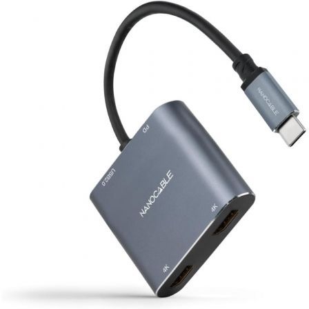 Nanocable Conversor USB-C a 2xHDMI/USB 2.0/PD Gris, 15 cm